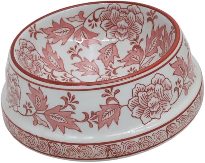 Aimusego Pink & White Ceramic Dog Bowl,Gifts for Pet Owners,Chinoiserie Floral Heavy Duty Non-Slip Dog Food Water Bowls, Ceramic Dish for Medium and Small Dogs and Cats, Puppy 9inch