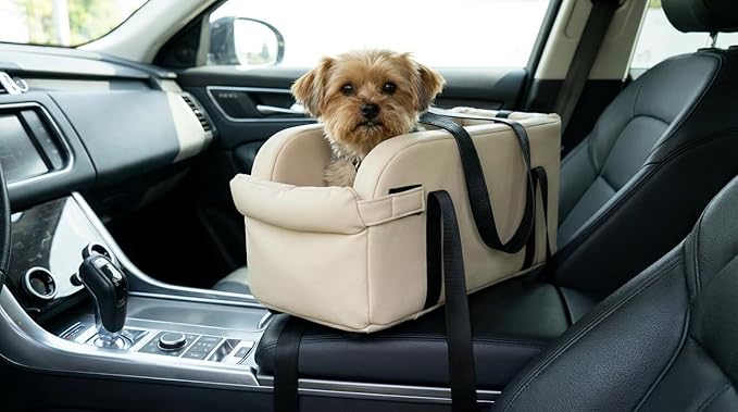 Waterproof Faux Leather Center Console Dog Car Seat, 2-in-1 Portable Puppy Carrier & Armrest Booster Seat for Small Dogs, Easy-to-Clean Tech Fabric, Sturdy Cushioned, Anti-Collapse Walls, Under 11 lbs