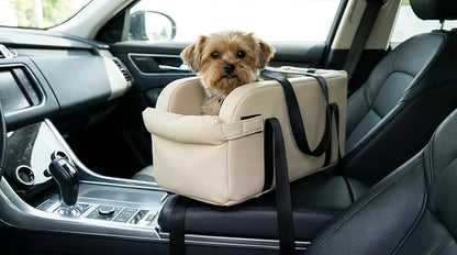 Waterproof Faux Leather Center Console Dog Car Seat, 2-in-1 Portable Puppy Carrier & Armrest Booster Seat for Small Dogs, Easy-to-Clean Tech Fabric, Sturdy Cushioned, Anti-Collapse Walls, Under 11 lbs