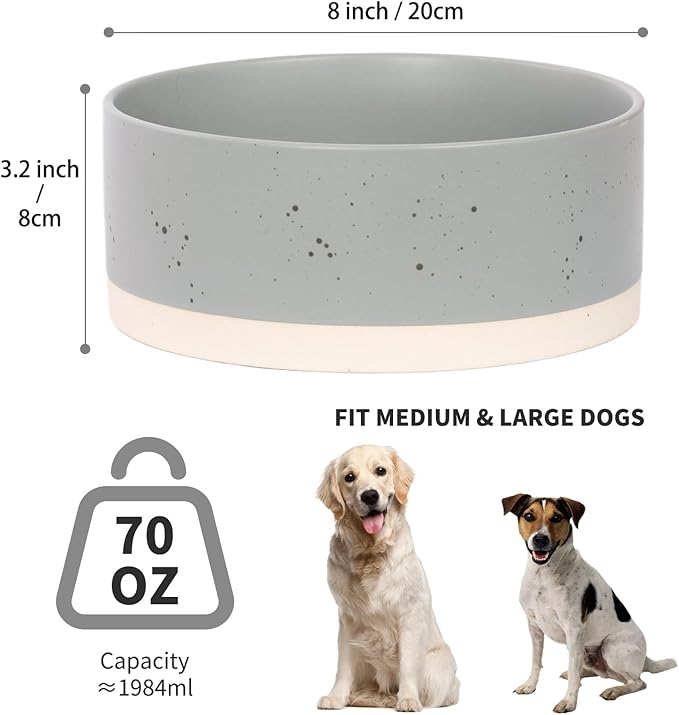 Oslo Ceramic Dog Bowl - 8'' Dog Food Water Bowl for Medium and Large Dogs, Heavy Duty Non-Slip Dog Dish, Modern Scandi-Style Stoneware Pet Feeder Bowl, Dishwasher Safe (70Oz, Grey)