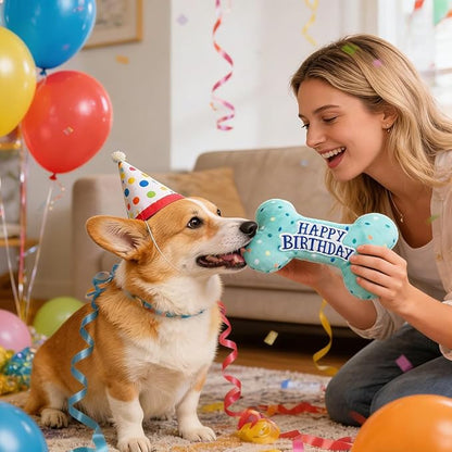Prime Pets Dog Birthday Toys, 3 Pack, Crinkle Squeaky Dog Toys, Pet Toys for Small Medium Large Dogs, Stuffed Puppy Chew Toys, Dog Gift Toys