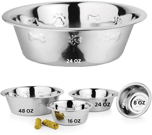 Palz&Co Stainless Steel Dog Bowl Embossed with Paw & Bone, Easy to Clean Pet Bowl for Food & Water, Perfect for Dog, Cat, Small Animals (Large 24 Oz)