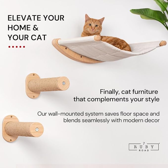 7 Ruby Road Cat Wall Shelves Hammock Set - Wall Mounted Cat Furniture with Steps for Large Cats, Indoor Climbing & Lounging