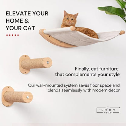 7 Ruby Road Cat Wall Shelves Hammock Set - Wall Mounted Cat Furniture with Steps for Large Cats, Indoor Climbing & Lounging