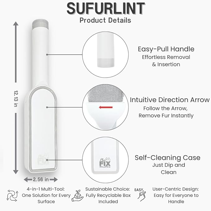 SufurLint 4-in-1 Pet Hair Remover & Grooming Brush - Multi-Functional Cat Deshedding Tool, Reusable Lint Roller for Furniture and Clothing, Reusable, eco-Friendly Remover