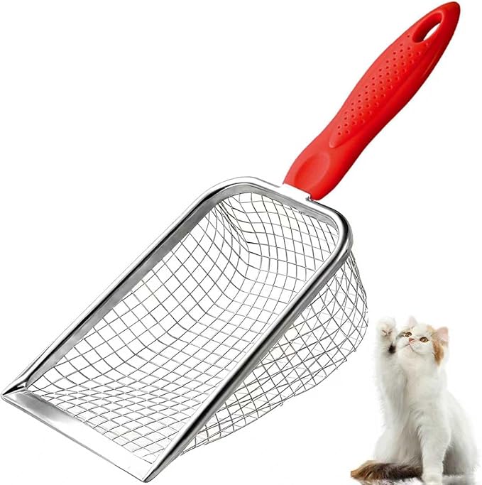Cat Litter Scoop - Long Handle Scooper, Rustproof Stainless Steel Mesh, Non-Slip Grip, Deep Shovel Sifter for All Litter Types, Easy Clean Kitty Waste Litter for Litter Box(Red)
