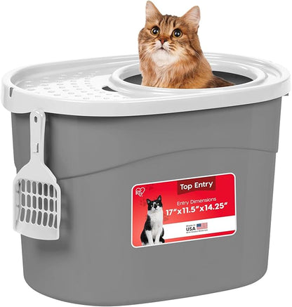 IRIS USA Large Top Entry Cat Litter Box with Lid Enclosed Covered Hooded Design Litter Catching Scatter Shield Pan Dog Proof Pet Proof Scoop Included Odor Control for Indoor Cats Kittens Gray/White