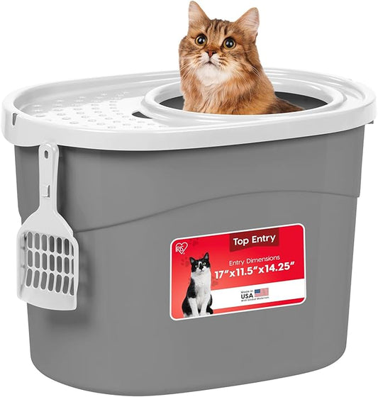 IRIS USA Large Top Entry Cat Litter Box with Lid Enclosed Covered Hooded Design Litter Catching Scatter Shield Pan Dog Proof Pet Proof Scoop Included Odor Control for Indoor Cats Kittens Gray/White
