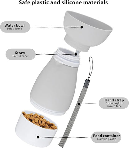Portable Pet Water Bottle - 20 oz with 8.8 oz Food Container ,Silicone Leakproof Travel Bottle for Dogs Cats, Detachable Feeding Dish for Walking Hiking Travel Grey