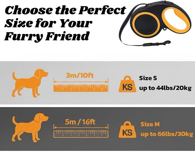 Retractable Dog Leash, 360° Tangle-Free Highly Reflective Nylon Tape, Non-Slip Rubberized Handle, 10-16FT Long Dog Leash for Dogs up to 66LBS,M-Black