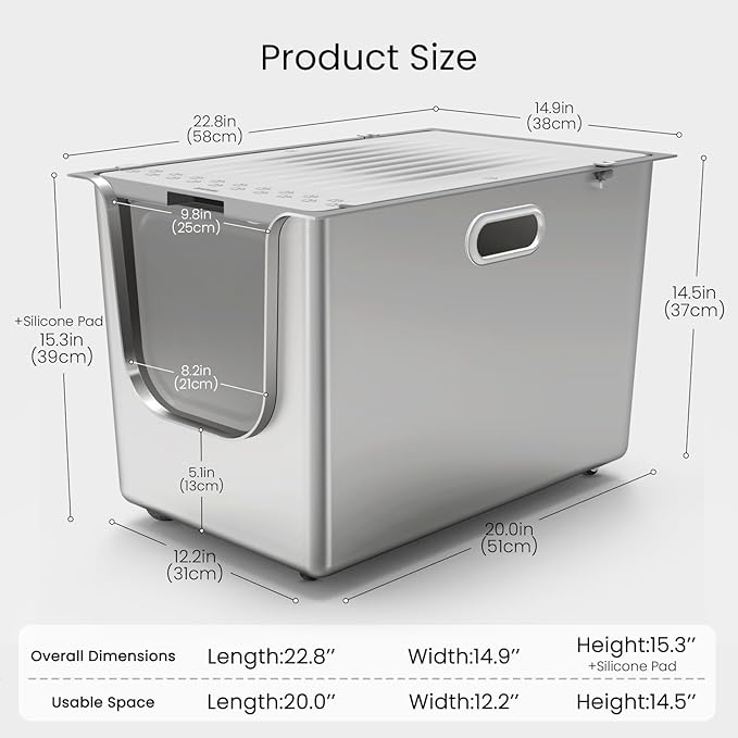 Stainless Steel Litter Box with Lid, Cat Litter Box with Door 14.5'' High Sides, XL Metal Kitty Litter Pan, Pet Toilet with Wheels for Easy Mobility, Anti-Leakage, Non-Sticky, Easy Clean