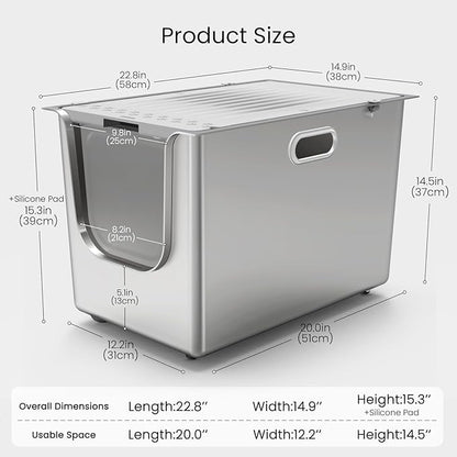 Stainless Steel Litter Box with Lid, Cat Litter Box with Door 14.5'' High Sides, XL Metal Kitty Litter Pan, Pet Toilet with Wheels for Easy Mobility, Anti-Leakage, Non-Sticky, Easy Clean