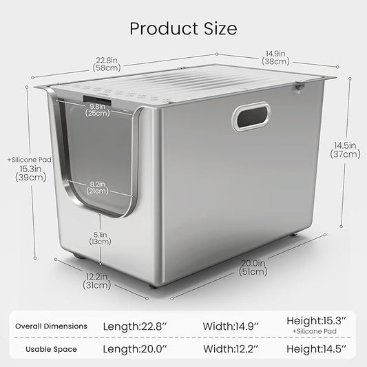 Stainless Steel Litter Box with Lid, Cat Litter Box with Door 14.5'' High Sides, XL Metal Kitty Litter Pan, Pet Toilet with Wheels for Easy Mobility, Anti-Leakage, Non-Sticky, Easy Clean
