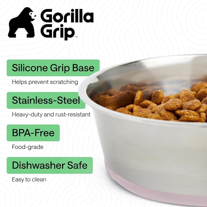 GORILLA GRIP Dog Bowls, Food Grade 304 Stainless Steel, Holds 6 Cups Each (48 fl oz) Food and Water Bowl for Feeding Dogs and Cats, Dishwasher Safe, Rust Resistant, BPA Free Rubber Base Set of 2 Pink