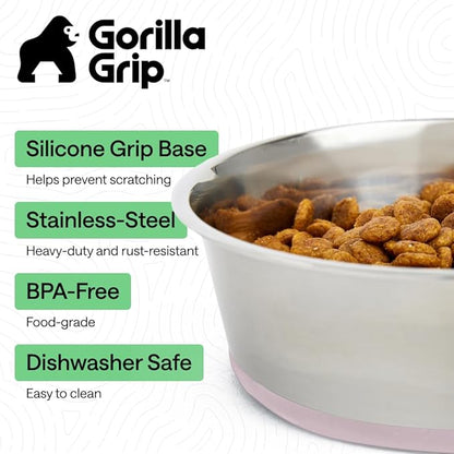 GORILLA GRIP Dog Bowls, Food Grade 304 Stainless Steel, Holds 8 Cups Each (64 fl oz) Food and Water Bowl for Feeding Dogs and Cats, Dishwasher Safe, Rust Resistant, BPA Free Rubber Base Set of 2 Pink