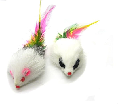 Kats'N Us 2 Inch Real Rabbit Fur Feather Tail Mouse Cat Toy - 2 Pack Rattle Mice Durable Soft Body, Natural Hunting Instinct Play, Interactive Exercise & Enrichment Set for Indoor Cats