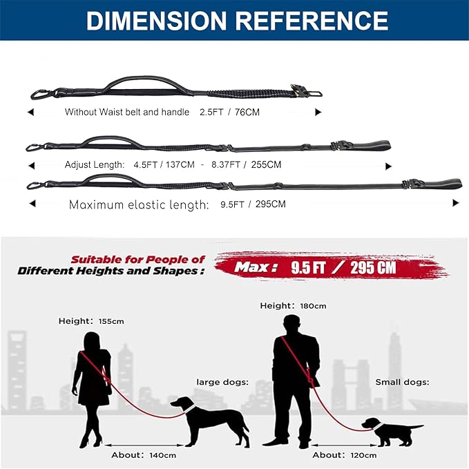 Heavy Duty No-Pull Dog Leash, 9.5ft Hands-Free Waist & Crossbody Bungee Leash with Adjustable Belt, Detachable Car Seat Belt & Reflective Strip for Large Medium Dogs, Black