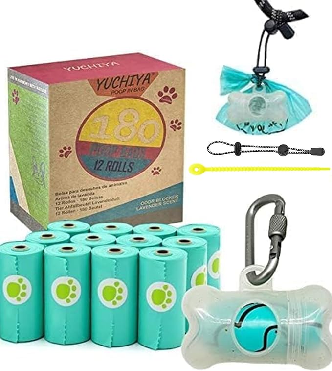 Dog Poop Pickup Bags Holder Dispenser with Leak-Proof Scented Doggy Waste Bags and Carabiner with Safety Lock Plus Hook and Loop Fastener Never Loose on Leash Lead Again (1 Holder 195 Bags, Clear)