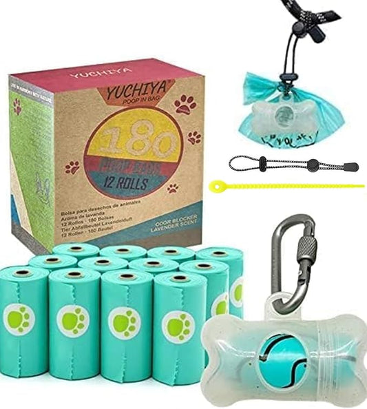 Dog Poop Pickup Bags Holder Dispenser with Leak-Proof Scented Doggy Waste Bags and Carabiner with Safety Lock Plus Hook and Loop Fastener Never Loose on Leash Lead Again (1 Holder 195 Bags, Clear)