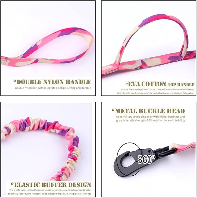 Xqpetlihai Tactical Dog Collar and Leash Set Adjustable Military Nylon Dog Collar with Control Handle and Heavy Duty Metal Buckle for Large Dogs （Pink Camo XL