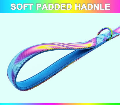 6FT Tie Dye Dog Leash, Strong Nylon Dog Lead with Heavy Duty Holographic Laser Hardware Comfortable Padded Handle Leash for Medium Large Dogs