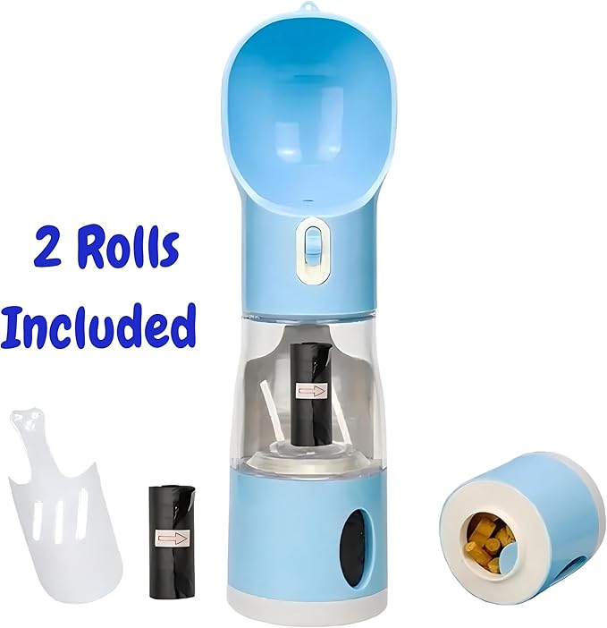 All-in-One Portable Dog Water Bottle, Food Dispenser, Poop Bag Dispenser, Dry/Wet Food Container 7 oz., Travel Water Bottle 9oz., 2 Poop Bags Included, Food Grade Plastic, Leak Proof-Blue Color