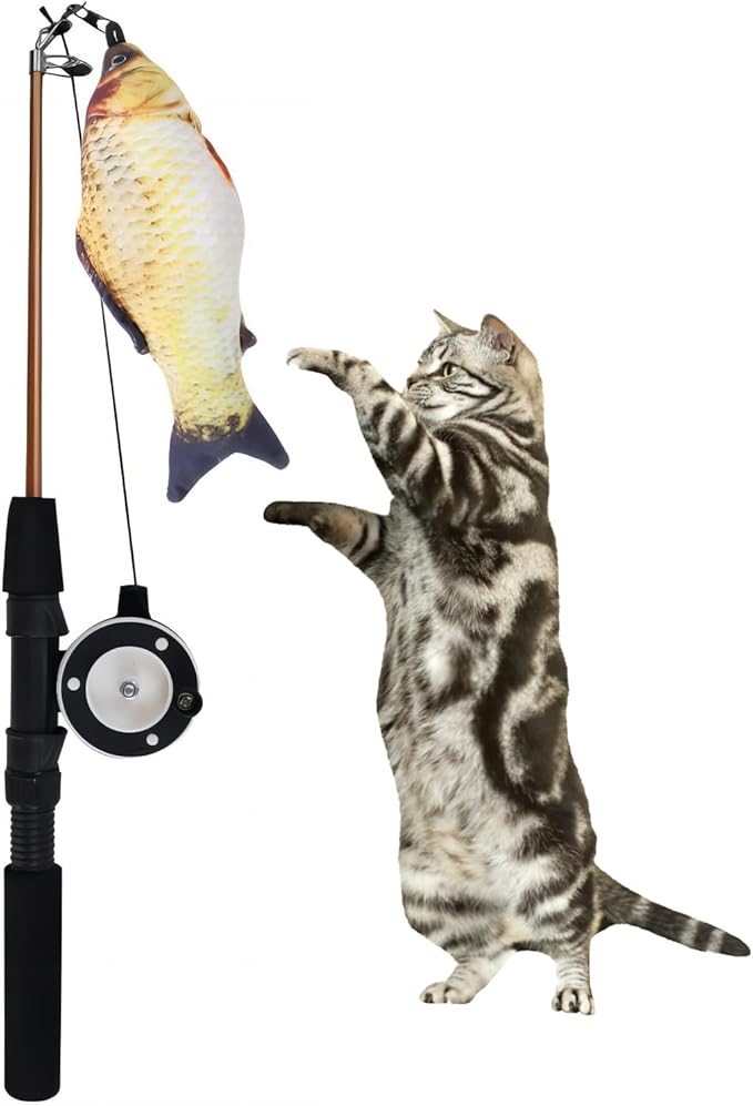 Retractable teaser cat stick, extra long fish & feather decorative cat fishing pole shape teaser cat stick, cat feather interactive toys, toys are replaceable, adjustable line length. (Crucian carp)