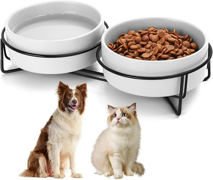 Ceramic Dog and Cat Bowl Set with Stand, 3.6 Cups Dog Food and Water Bowl Suitable for Small and Medium Pets (28.7oz White)