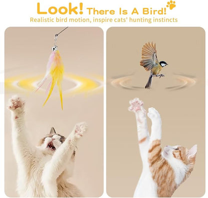 Pawaboo Feather Teaser Cat Toy, Interactive Feather Wand Cats Toy Flying Feathers Cat Catcher with Extra Long 34.5" Wand and Small Bell, Exerciser Playing Toys for Kitten or Cats, Pink+White+Yellow