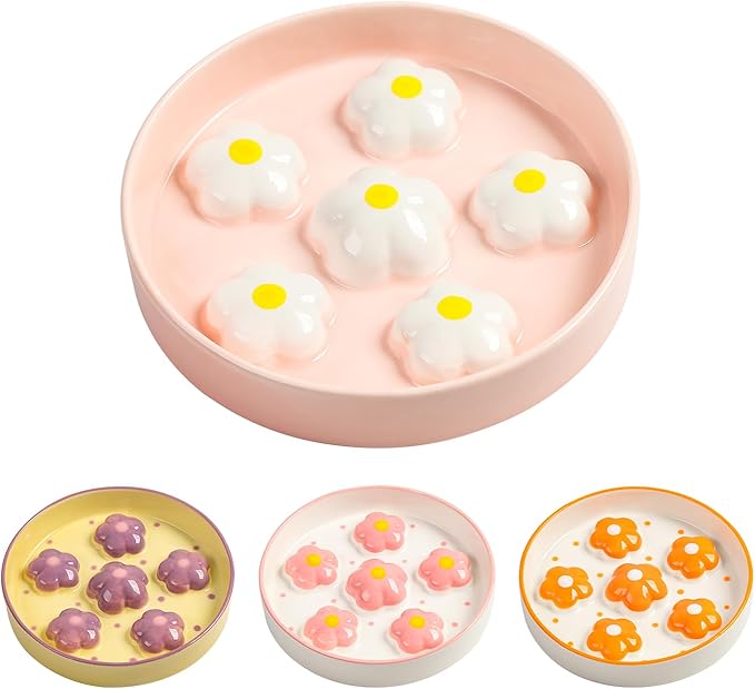 Ceramic Cat Slow Feeder Bowl - 6 OZ Puzzle Food Dish for Healthy Eating - Shallow Wide Whisker Friendly - Dishwasher Safe - 6.3''W x 1.2''H - 6 OZ - White Flowers