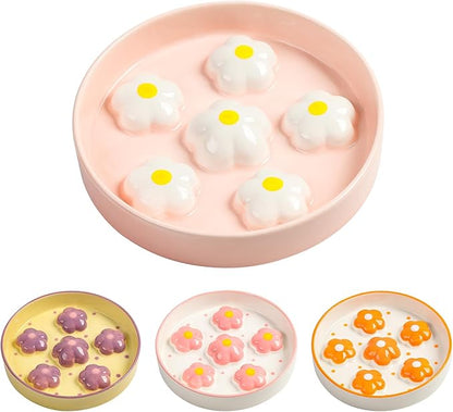 Ceramic Cat Slow Feeder Bowl - 6 OZ Puzzle Food Dish for Healthy Eating - Shallow Wide Whisker Friendly - Dishwasher Safe - 6.3''W x 1.2''H - 6 OZ - White Flowers