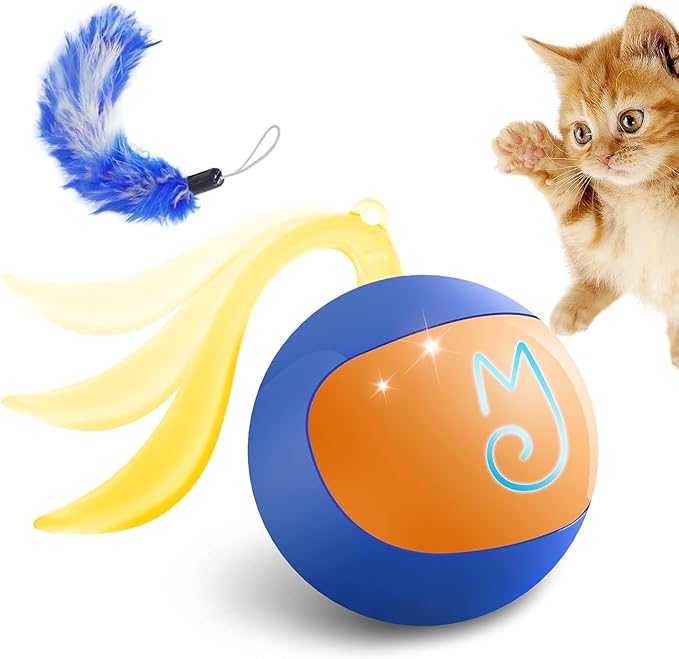Migipaws 2-in-1 Interactive Cat Toy Ball – Paw Friendly Kicking Chasing Ball with Bonus Fluffy Tail for Indoor Cats Random Rolling Auto Escape Corners Tangle-Free Quiet USB Rechargeable (Blue)