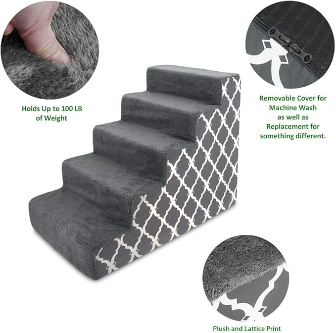 Best Pet Supplies Dog Stairs for Small Dogs & Cats, Foam Pet Steps Portable Ramp for Couch Sofa and High Bed Non-Slip Balanced Indoor Step Support, Paw Safe No Assembly - Gray Lattice Print, 5-Step