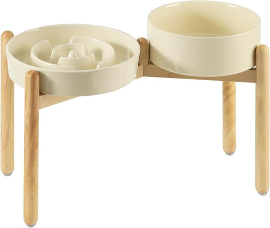 3.2 Cup Ceramic Raised Slow Feeder Dog Bowl Set, Elevated 8.2inch Bowl and 9.5inch Puzzle Slow Food Dish with Wooden Stand for Large Dog, Anti-Gulping (2 xLight Yellow+ Stand)