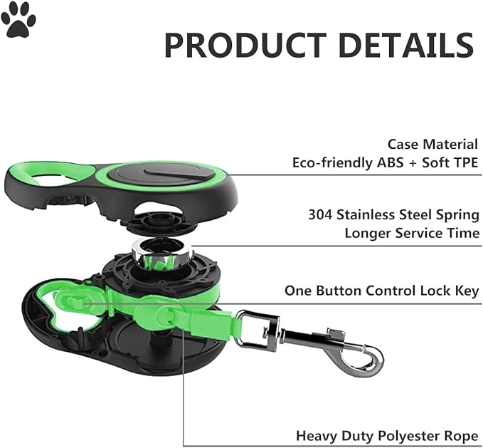 Dual Retractable Dog Leash for 2 Dogs - 16ft Heavy-Duty Retractable Leash for Small to Medium Dogs up to 44lbs, One-Hand Control with Lock & Brake, Anti-Tangle Design & Non-Slip Grip (Green)