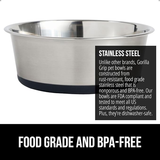 GORILLA GRIP Dog Bowl, Holds 8 Cups (64 fl oz), Food Grade 304 Stainless Steel Food and Water Bowl for Feeding Dogs and Cats, BPA Free Rubber Base, Easy Clean, Dishwasher Safe, Rust Resistant, Black