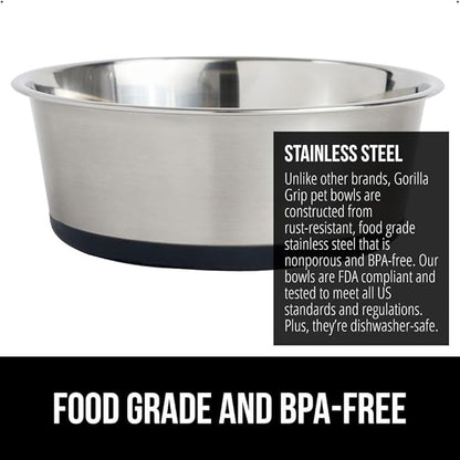 GORILLA GRIP Dog Bowl, Holds 8 Cups (64 fl oz), Food Grade 304 Stainless Steel Food and Water Bowl for Feeding Dogs and Cats, BPA Free Rubber Base, Easy Clean, Dishwasher Safe, Rust Resistant, Black