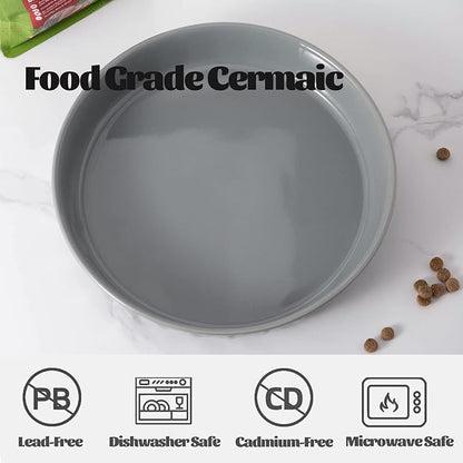 Fun Elements Shallow Dog Bowls, 10.5" Ceramic Large Food Plate for Small, Medium and Large Breeds, Non-Slip, Flat and Wide, Dishwasher Safe, Suitable for Dogs and Cats (Grey)