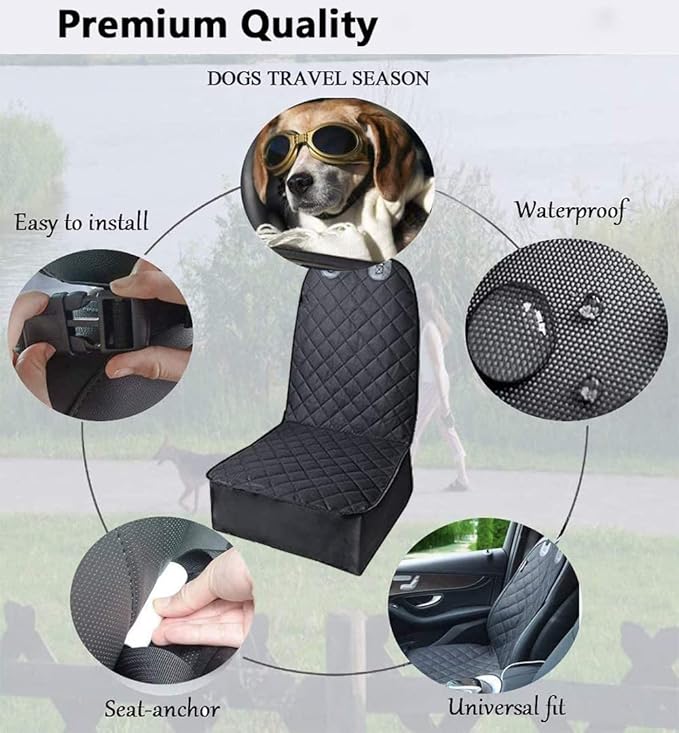 Front Pet Seat Cover Protector for Dogs Cats Car Nonslip Scratchproof Waterproof Washable Pets Front Seats Covers for Cars Trucks SUVs Vans (Black)