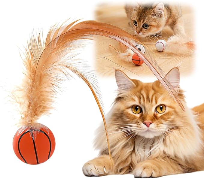 Interactive Feather Ball Toy Set for Cats, 2025 New Rolling Cat Toy with Elastic Spring Base & Soft Silicone Feathers for Indoor Cats/Kittens, Exercise & Training Stimulating Toys (Basketball)
