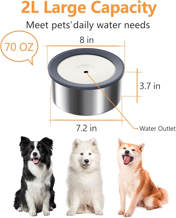 No Spill Water Bowl for Dogs, 2L Large Stainless Steel Slow Drinking Water Dish Dispenser, Spilling Drip & Splash Proof Slobber Stopper for Messy Drinkers