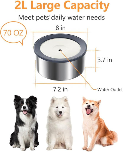 No Spill Water Bowl for Dogs, 2L Large Stainless Steel Slow Drinking Water Dish Dispenser, Spilling Drip & Splash Proof Slobber Stopper for Messy Drinkers
