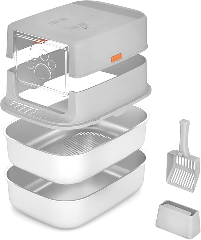Stainless Steel Sifting Litter Box with Lid, Metal Litter Pan with Scoop for Big Cats Multi Cat, Extra Large Cats Litterbox Odor Control Easy Clean