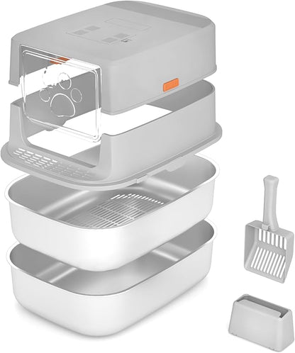 Stainless Steel Sifting Litter Box with Lid, Metal Litter Pan with Scoop for Big Cats Multi Cat, Extra Large Cats Litterbox Odor Control Easy Clean