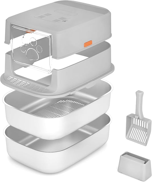 Stainless Steel Sifting Litter Box with Lid, Metal Litter Pan with Scoop for Big Cats Multi Cat, Extra Large Cats Litterbox Odor Control Easy Clean