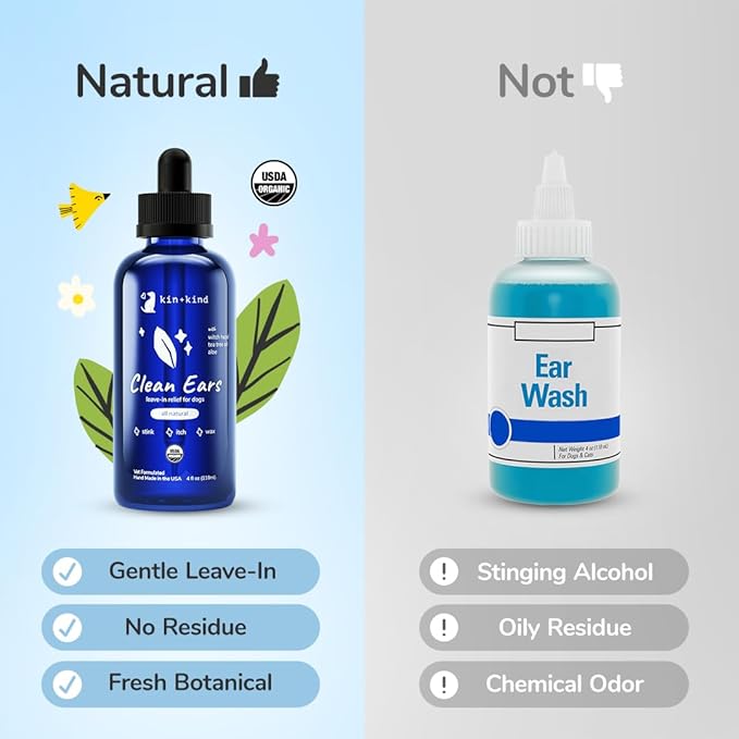 kin+kind Clean Ears - Natural Leave-in Dog Ear Cleanser - Certified USDA Organic - Fragrance Free - 4 fl oz
