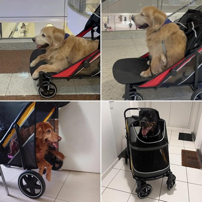 Large Dog Stroller-4 Wheel Pet Strollers for Medium Dogs or 2 Dogs- One-Click Foldable - Large Breathable Mesh & Sunroof - All Terrain Pet Stroller for Medium Senior Dog up to 88 lbs (Yellow)