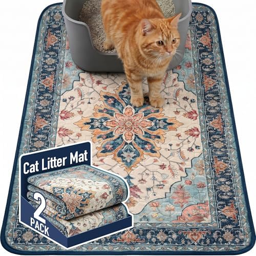 Hompet Cat Litter Mat 2 Pack, 24x36 Large Machine Washable Trapping Mats for Cats, Super Absorbent & Urine-Proof Cat Litter Box Mat for Floor, Waterproof & Non Slip Kitty Litter Rug by Hompet