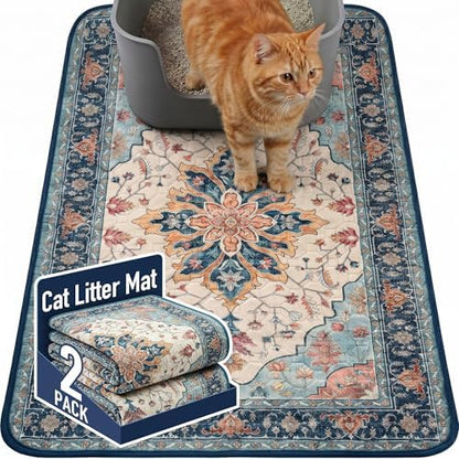 Hompet Cat Litter Mat 2 Pack, 24x36 Large Machine Washable Trapping Mats for Cats, Super Absorbent & Urine-Proof Cat Litter Box Mat for Floor, Waterproof & Non Slip Kitty Litter Rug by Hompet