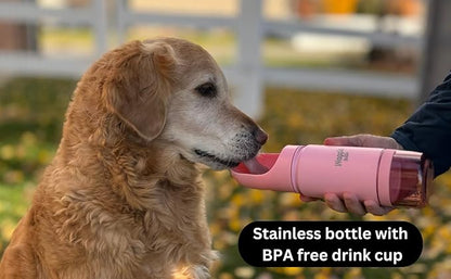 Stainless Steel Dog Travel Water Bottle, Vacuum Insulated Portable Dog Water Dispenser, Drink Cup and Snack Container On The Go, Outdoor Walking, Hiking, Travel (Pink, 22oz)